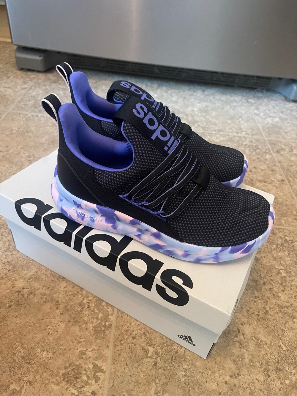 adidas Black Slip-On Sneakers with Purple Accents and Marbled Midsole